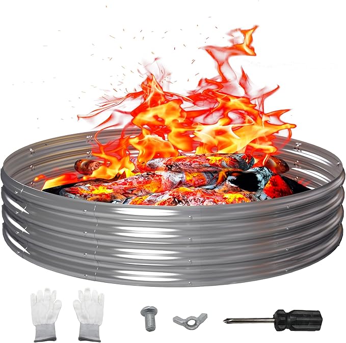 PROWORX 60 Inch Outdoor Fire Pit Ring, Round Galvanized Portable Fire Pit for Camping, Metal Steel Bonfire Fire Ring for Outside, Backyard
