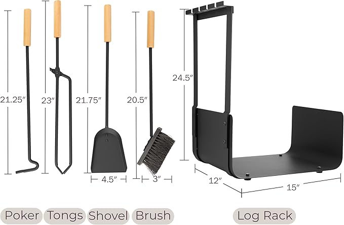 Lavish Home 5 Piece Fireplace Tools Set Indoor Outdoor -Fireplace Accessories Set with Poker, Brush, Shovel, and Firewood Rack Stand - Fire Tools for Fire Places, Firepits, and Woodstoves (Black)