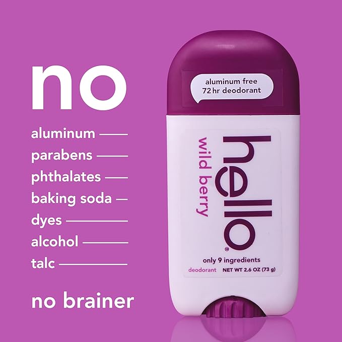 hello Wild Berry Aluminum Free Deodorant for Women and Men, 72-Hour Deodorant, Only 9 Ingredients, Baking Soda Free, Enriched with Shea Butter, Vegan, 2.6 oz Stick Deodorant (2 Pack)