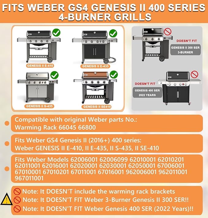 66045 Warming Rack for 4-Burner Weber Genesis 2 GS4 Grill Parts Replacement Weber GS4 Genesis II 400 SER II E410 E435 S435 SE410 Accessories 4 Burner Grills, 32 3/4" L Stainless Steel Upper Rack 66800