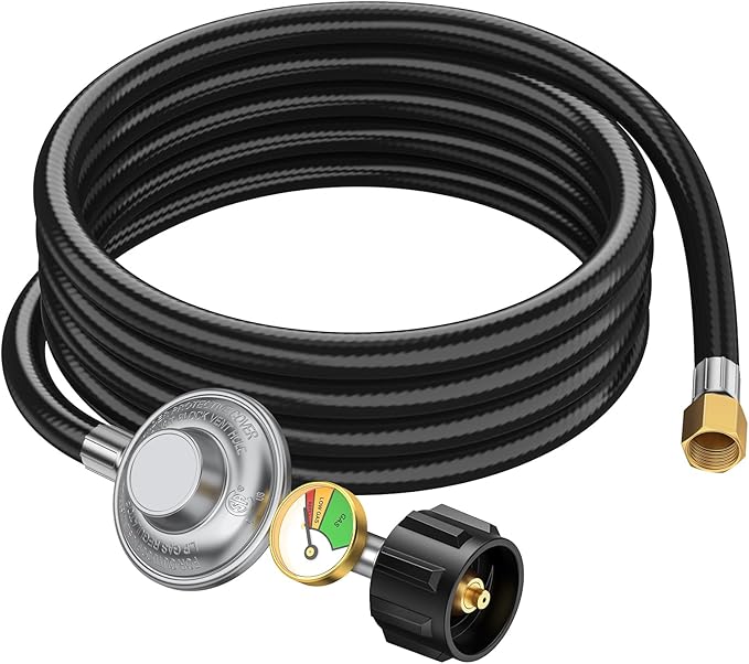 8ft Propane Regulator with Hose&Gauge, 0-1Psi Propane Hose, Gas Grill Regulator for Weber Genesis/Spirit Grill/Blackstone 28”&36” Griddle/Camp Chef Burner Stove/Fire Pit/Heater, 3/8”Gas Line