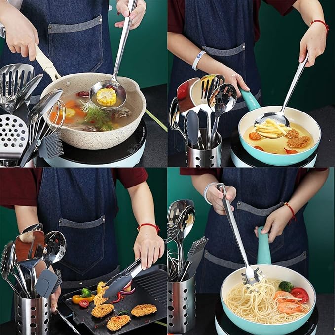 Stainless Steel Cooking Utensils Set, Berglander 13 Pieces Kitchen Utensils Set, Kitchen Tools Set With Utensil Holder Non-Stick And Heat Resistant,Dishwasher Safe, Easy to Clean (13 Packs)