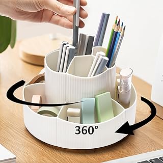 Rotating Desk Organizer, 360° Rotating Pencil Pen Holder for Desk, Desk Organizers and Accessories with 11 Slots Pencil Organizer, Art Supply Storage Box Caddy for Office (Beige)