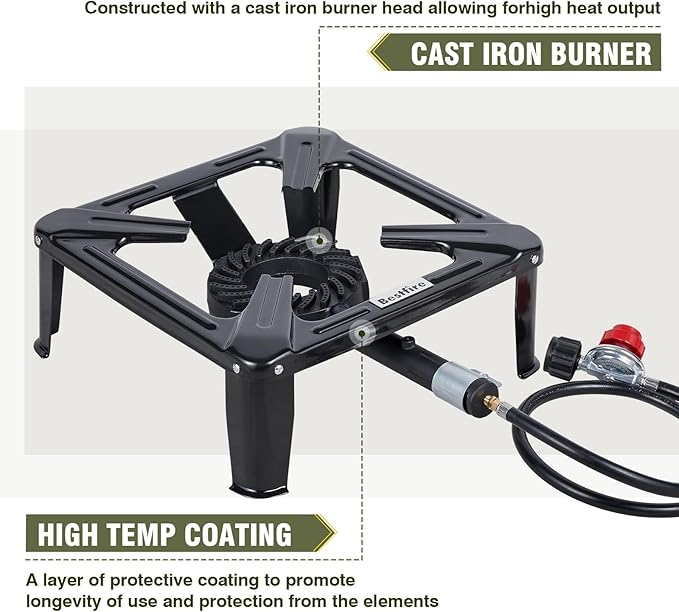 Bestfire High Pressure Propane Burner, 260000 BTU Single Propane Stove with 4.1ft 0-20Psi Adjustable Hose with Regulator, 16" Square Steel Cooktop for Camping