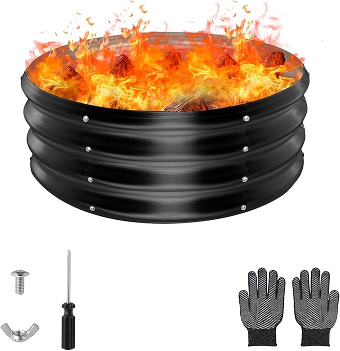 Raynesys 24 Inch Round Galvanized Fire Pit Ring, Round Galvanized Fire Ring, 2 Feet Diameter Round fire Pit, Outdoor fire Pit for Backyard, Camping, Bonfire, Black