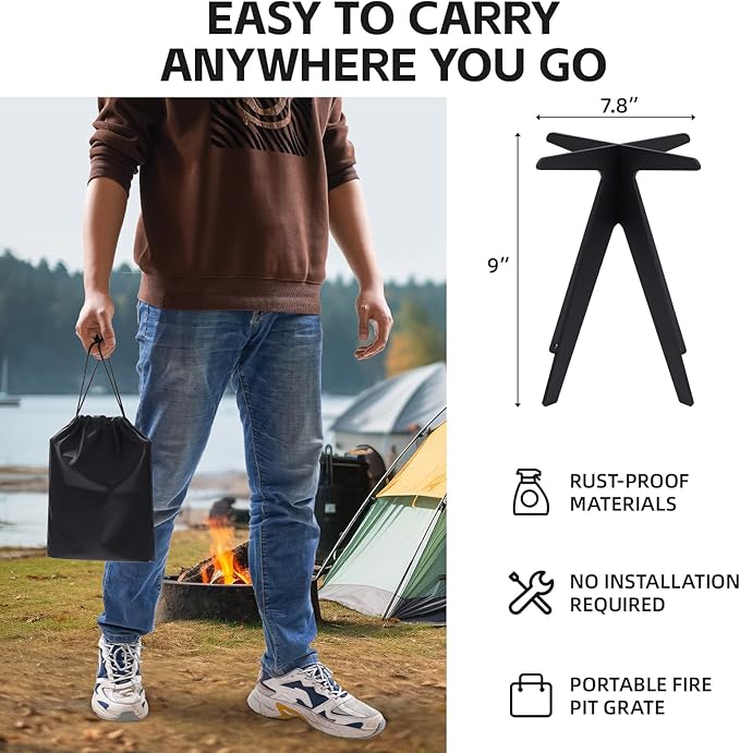 Portable Camping Fire Pit Grate - Small Fire Pit Grate to Hold Cookware, Original Vertical Wood Fire Pits, Heavy-Duty fire Pit Grate for Outdoor Fire Pits, Picnic & Gatherings (Low Smoke, Big Flames)