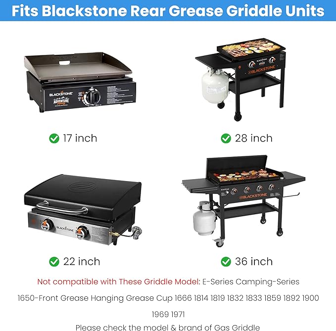 Grease Catcher for Blackstone Griddle, Compatible with Blackstone Select 17", 22", 28" and 36" Models, Grease Cup Replacement Drip Pan with 10 Liners for Blackstone Adventure Ready 22" Griddle