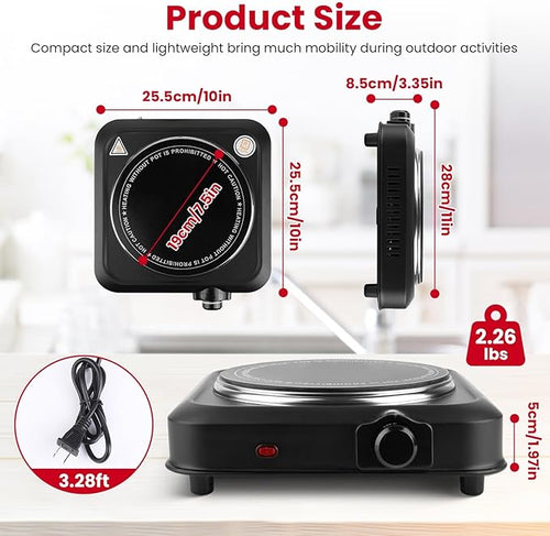 1200W Hot Plate, Electric Infrared Single Burner, Portable Stove Countertop Hotplate with 7.5” Glass Cooktop Stepless Temperature Adjustments for Home RV Camp, Compatible for All Cookwares