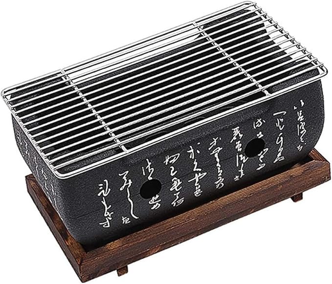 Japanese Style Hibachi Grill, Portable Tabletop Yakitori Charcoal Grill for Indoor Outdoor BBQ with Wooden Base & Wire Mesh 4.9x4.5x9.4in