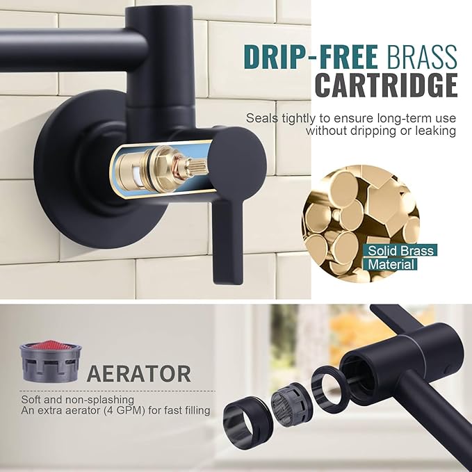 Pot Filler Faucet Matte Black, ARCORA Modern Pot Filler Wall Mount 2 Handle with Double Joint Swing Arms Brass Stove Faucet