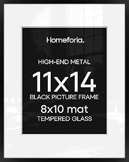 Homeforia Black 11x14 Picture Frame, High End Metal 11x14 Poster Frames with Mat 8x10, 11 x 14 Black Frame Matted to 8 x 10 inch Photo, 11 by 14 Thin Hanging Frames, Tempered Glass, Wall Kit, Set of 1