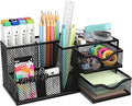 Mesh Desk Organizer, Pen Organizer with 2 Drawers and 5 Compartments, Versatile Pen Holder for Small Space, Desk Organizers and Accessories for School Office Supplies, Black