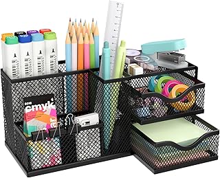 Mesh Desk Organizer, Pen Organizer with 2 Drawers and 5 Compartments, Versatile Pen Holder for Small Space, Desk Organizers and Accessories for School Office Supplies, Black