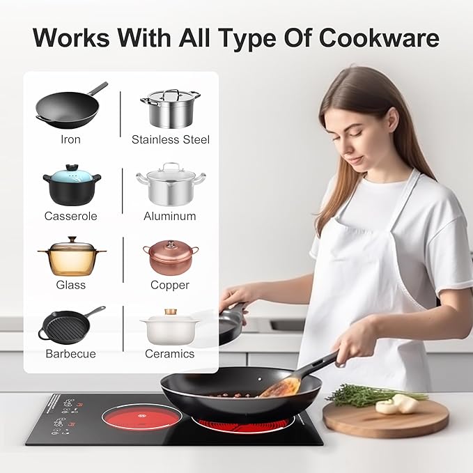Electric Cooktop, Built-in and Countertop 2 burner Electric Burner for Cooking, 2400W 110V stove top,11 Power Settings, Timer and Child Safety Lock, LED touch control,Overheat Protection.