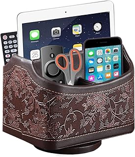 PU Leather Remote Control Organizer with 360° Spinning Design,Desk Organizer for TV Remote,Phone,Pen,Glasse,Mail,Tablet,Calculator,Controller-Home & Office Storage Caddy (Antique Brown) ﻿