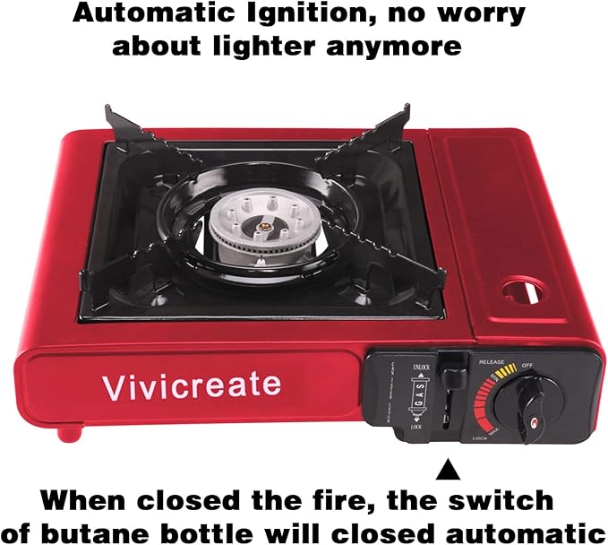 Vivicreate Portable Butane Stove 8500 BTU, Butane Stove with Auto Ignition for Camping, Lightweight Portable Gas Stove Burner with Safety Lock, Butane Burner, Estufa de Gas Portatil(Red)