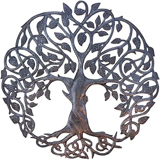 Tree of Life Metal Wall Art, Contemporary Iron Artwork Decor, Celtic Family Trees, 23 In. x 23 In. Round Modern Plaque, Handmade in Haiti,Fair Trade Certified, Signed By Wilson Etienne