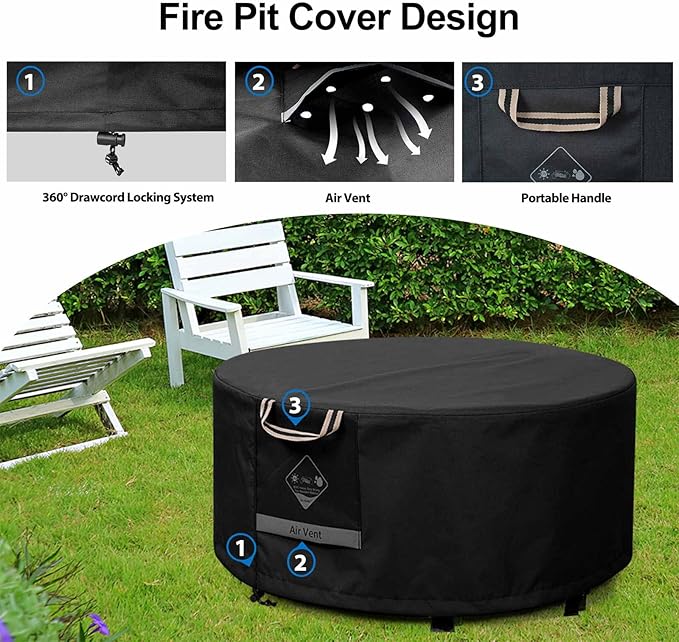 QH.HOME Fire Pit Cover Round Super Waterproof, 48" D X 24" H Outdoor Round Firepit Cover 600D Strong Tear Resistant, UPF 50+ Fire Pit Covers Premium Fading Resistant for Outdoor Fire Pit - Black