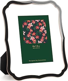 Venusmiles 8x10 Enamel Picture Frame with Mat to 5x7, Wavy Cloud Border, Gold Metal Edge Easel, Real Glass Photo Frame for Wall and Tabletop Display Family Office Photo Gallery, Black Enamel/1pc