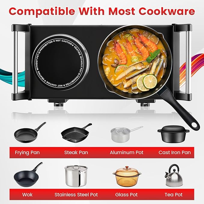 Electric Double Burner, Silicon Crystal Glass Hot Plate Cooktop with 5 Temperature Stepless Adjustments Portable Handles for RV/Home/Camp (Double Burner)