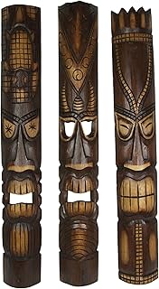 Zeckos Set of 3 40-Inch Tall Hand-Carved Tiki Mask Wall Sculptures - Polynesian-Style Tropical Beach Home Hanging Art with Exquisite Indonesian Artisan Craftsmanship