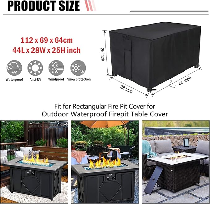 Fire Pit Cover Rectangular 44 Inch, Propane Gas Fire Pit Table Cover,Outdoor Waterproof Firepit Table Cover - 44 X 28 X 25 Inch
