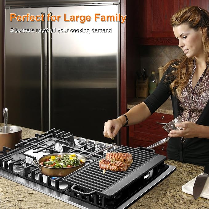 30 Inch Bulit-In Gas Cooktop with Griddle, 5 Italy SABAF Powerful Burners Over 92% High Efficiency, Max 48300BTU Gas Stove Top, 304 Stainless Steel Panel, NG/LPG Convertible, CSA Certified