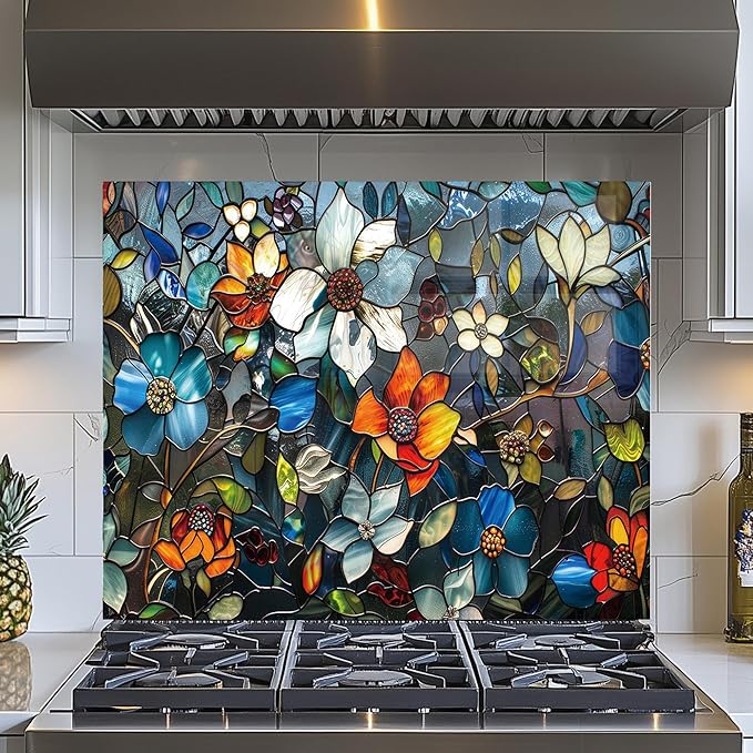 Evgosm Tempered Glass Backsplash for Kitchen，Pixel Flower Stove Splashback, Glass Backsplash, Easy to Install and Clean, Used for Kitchen Wall Protection and Decoration. (30x24'')