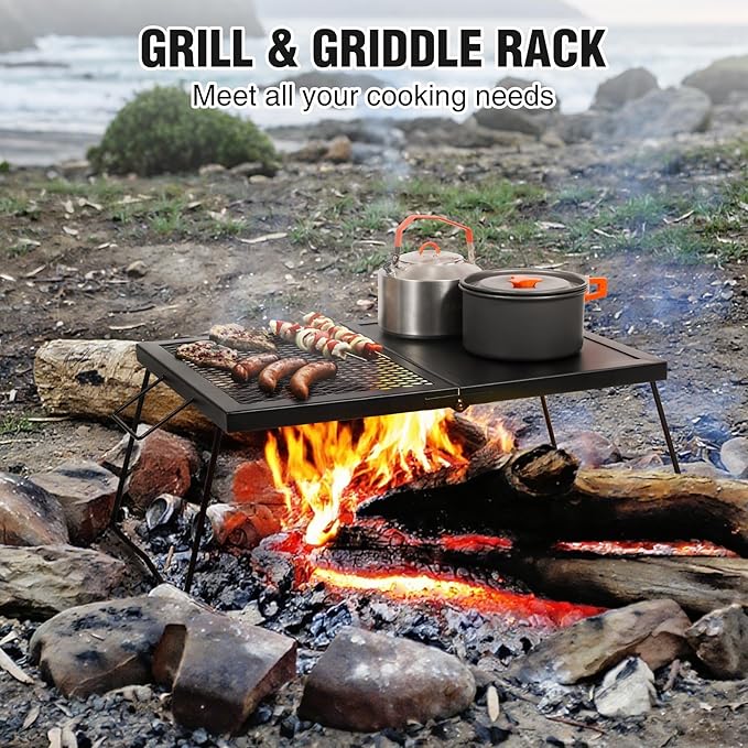 REDCAMP Folding Campfire Grill, Heavy Duty Steel Mesh Grate, 23.6" Portable Camping Grates Over Fire Pit, Campfire Cook Equipment with Legs Carrying Bag, Grilling Rack for Outdoor Open Flame Cooking