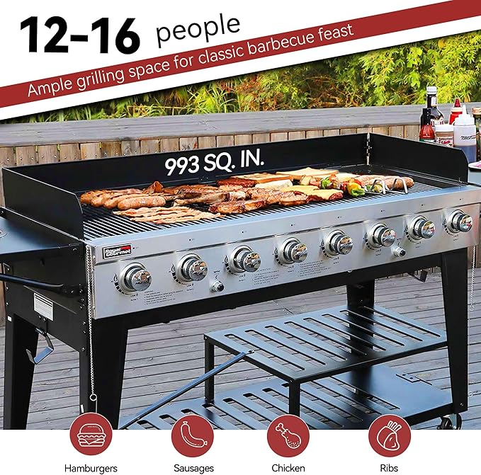 Royal Gourmet Event 8-Burner BBQ Propane Gas Grill with Cover, Picnic or Camping Outdoor