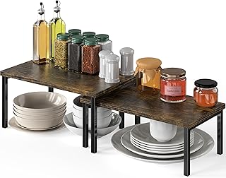 Simple Houseware Expandable Stackable Cabinet and Counter Shelf Organizer with Wooden Surface, 7.6'' D x 11.75'' W x 6.1'' H, Rustic Brown