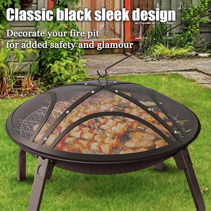 Fire Pit Spark Screen, 22 Inch Outdoor Fire Pit Screen with Handle & Poker, Heavy-Duty Steel Fire Pit Cover Round Mesh Replacement Firepit Screen for Backyard/Beach/RV Camping