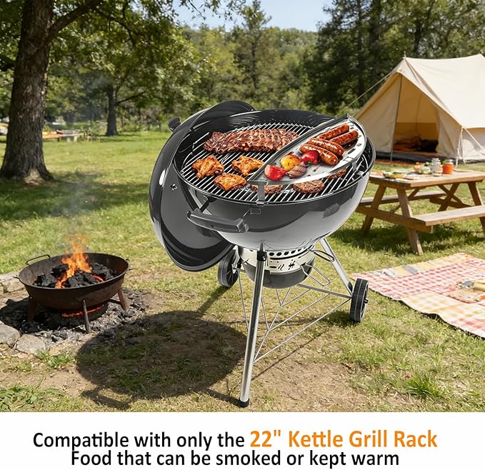 Patented Movable Warming Rack for 22 Inch Kettle Grill 304 Stainless Steel BBQ Warming Grid Compatible with Weber, Nexgrill, Napoleon and Other 22" Kettle Charcoal Grills