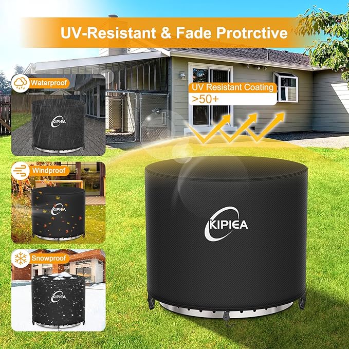 Kipiea Round Fire Pit Cover for Solo Stove Yukon - 100% Waterproof Smokeless Fire Pit Cover, Upgraded 600D Strong Tear and UV Resistant - 30" Dia X 16" H