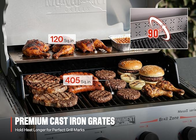 Monument Grills 4 Burner Propane Mesa 2 Gas Grill with Broil Zone, Stainless Steel Outdoor Patio Barbecue Grill with Cover, Foldable Side Shelves, Fast Heating, Assembles in 30 Mins, Mesa II 410FBZ