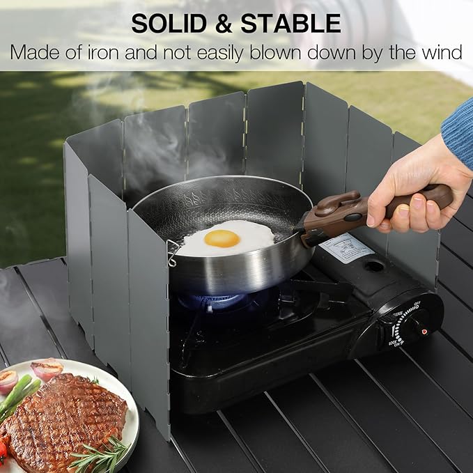 REDCAMP Folding Outdoor Stove Windscreen, 10 Plates Iron Camping Stove Windshield with Carrying bag, Lightweight Butane Burner Windshield, Grey