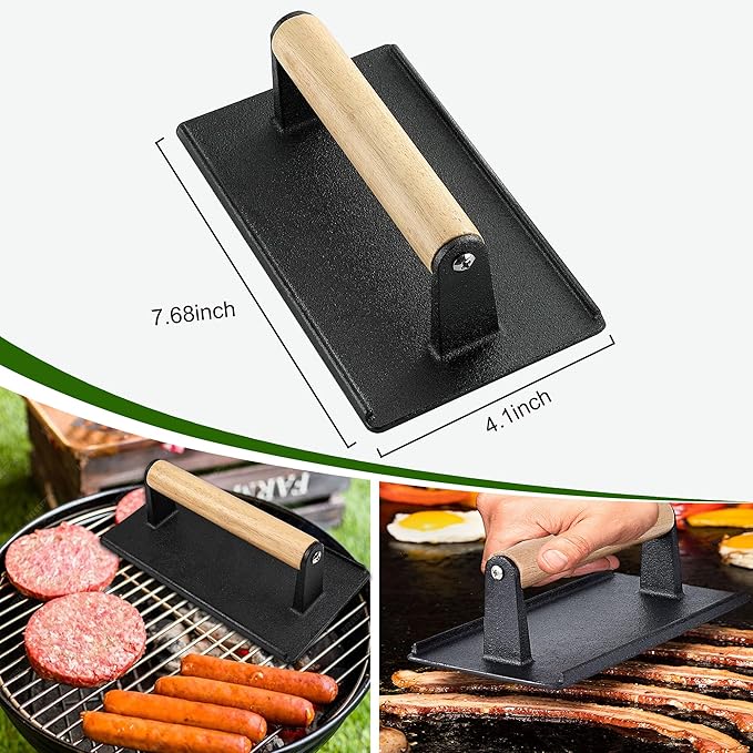 POLIGO 5PCS Smash Burger Press Kit - 4 in 1 Hamburger Patty Storage Containers, 7.68"X4.1" Cast Iron Smash Bacon Press - Non Stick Smash Burger Press Set for Grill and Griddle Cooking, Black Rectangle