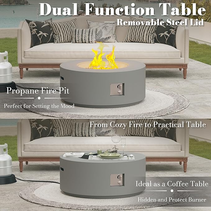 32.5 Inch Propane Fire Pit Table, 50,000 BTU Round Patio Fire Pit Table Outdoor, CSA Certified, Stainless Burner with Steel Lid, Waterproof Cover & Lava Rocks, for Garden Backyard, Gray