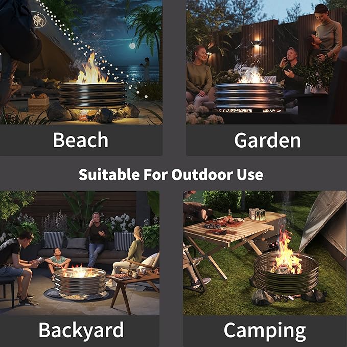 PROWORX 36 Inch Outdoor Fire Pit Ring, Round Galvanized Portable Fire Pit for Camping, Metal Steel Bonfire Fire Ring for Outside, Backyard