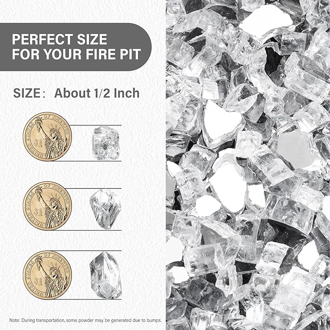 NUPICK 5 Pound Fire Glass, 1/2 Inch Reflective Fire Pit Glass, Tempered Firepit Glass Rock for Propane or Natural Gas, Glass Rocks for Fire Pit Table, Fireplace Glass for Landscaping, Clear