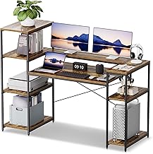 HYPIGO 63-Inch Office Desk with Storage Shelves, Computer Desk Home Desk with Monitor Stand for Study, Writing, PC Work, Gaming, Rustic Brown
