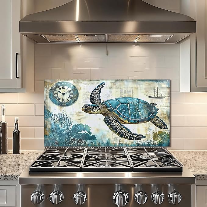 fzxwyishu Beach turtle Tempered Glass Kitchen Backsplash, Stove Back Top Cover, Splashback Tile, Kitchen Sink Cover Splash Guard, Home Kitchen Decor (30"x16"(76.2x40.64cm))