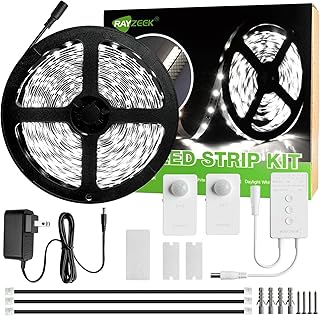 RAYZEEK Wireless Motion Activated LED Strip Lights,19.7FT LED Strip Lights with Power Adapter,Wireless Motion Sensor Control Dimmer,Timing,Cool White (1×Controller+2×Motion Sensor)