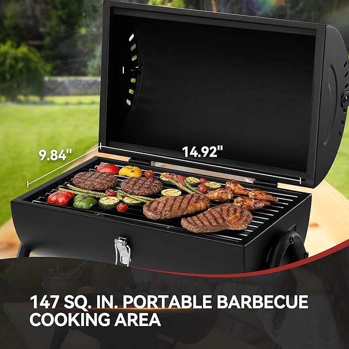Royal Gourmet CC1015W Portable Charcoal Grill, 147 sq. in. Cooking Grid, Wooden Handle, Tabletop BBQ Grill for Outdoor Barbecue, Camping, Picnic, Backyard, Patio, Black