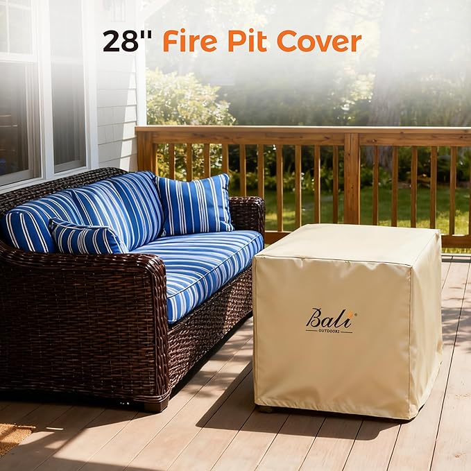 BALI OUTDOORS Square Durable Fire Pit Cover, 600D Heavy Duty with PVC Coating, Khaki, 28.3'' x 28.3'' x 25''