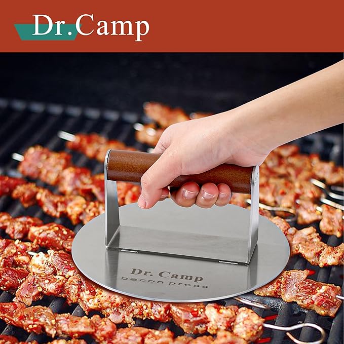 Dr.Camp 7 Inch Stainless Steel Smash Burger Press Burger Smasher Bacon Press Meat Press for Griddle Flat Top Grill with Solid Wood Handle Smooth Bottom Heavy Duty (Round)