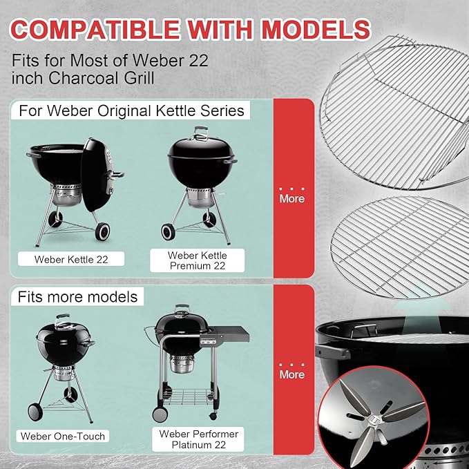Round Replacement Grates for Weber 22'' Kettle Charcoal Grill,7436 Cooking Grate & 7441 Charcoal Grate for Weber One-Touch/Master-Touch/Performer Series Grill, with 7444 One-Touch Cleaning System Kit