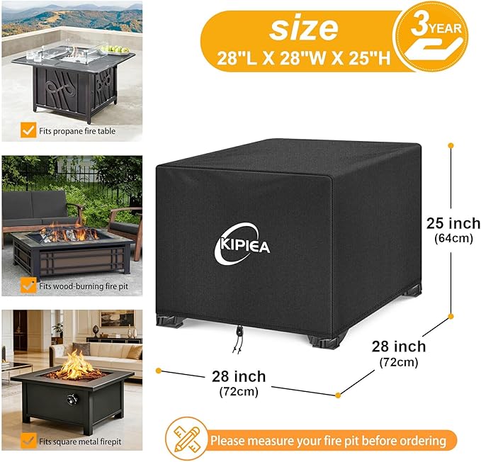 Kipiea Square Fire Pit Cover - Upgraded 600D Strong Tear Resistant, 100% Waterproof Fire Pit Table Cover, UPF 50+ Outdoor Firepit Cover Square Fading Resistant, 28" L x 28" W x 25" H