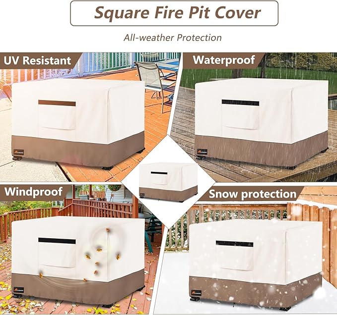Fire Pit Cover Square, Outdoor Heavy Duty Durable 600D 100% Waterproof Tear-Resistant 26-28 Inch Fire Pit Cover, Patio Fire Pit Table Covers, Beige 28" L x 28" W x 25" H