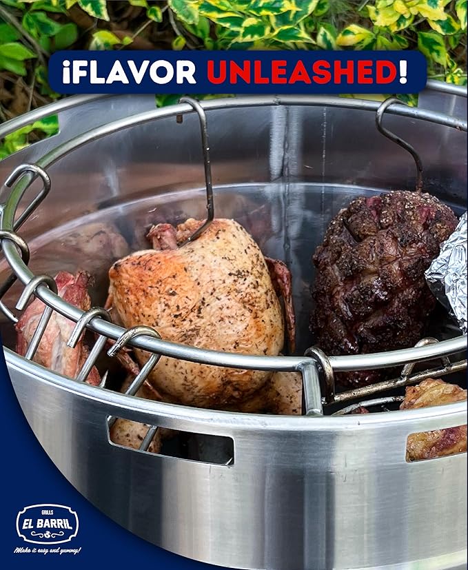 El Barril Lite Large Barrel Smoker Grill, Stainless Steel 430, 45 lb Capacity, 14 Meat Hooks, Upper Grill and Handler, Outdoor Vertical Charcoal BBQ (Lite 45LBS Large)